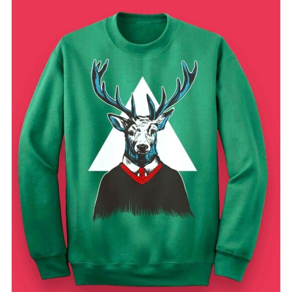 Hipster Reindeer Ugly Christmas Sweatshirt Size M Medium Unisex Holiday Funny - Picture 1 of 7